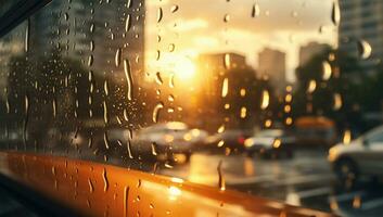 chuva gotas em a janela com borrado fundo do a cidade e tráfego. ai gerado foto