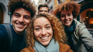 retrato do sorridente amigos levando selfie em Smartphone dentro cidade, baixo ângulo Visão ai gerado foto