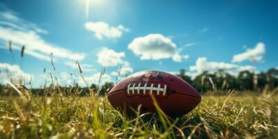 americano futebol bola em Relva campo com azul céu e nuvens dentro fundo ai gerado foto
