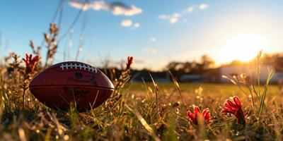 americano futebol bola em Relva campo com azul céu e nuvens dentro fundo ai gerado foto