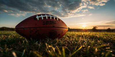 americano futebol bola em Relva campo com azul céu e nuvens dentro fundo ai gerado foto