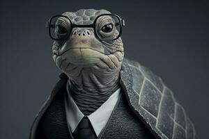 retrato do uma tartaruga com óculos e uma formal terno, Preto fundo. generativo ai. foto