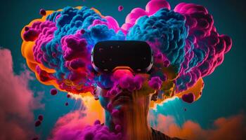 jovem homem usando virtual realidade fone de ouvido. vr copos, futurista, tecnologia, conectados Educação, Educação, vídeo jogos conceito. generativo ai. foto