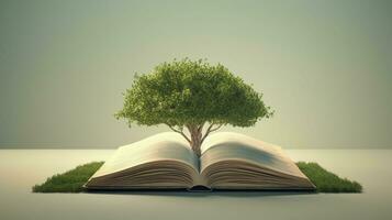 aberto livro com mágico verde árvore e natureza fundo. generativo ai. foto