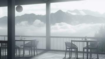 restaurante sacada canto montanha Visão Grosso nebuloso nuvens. generativo ai. foto