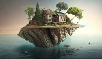 ilustração do casas e árvores em a ilha em uma brilhante cor fundo. ai generativo. foto