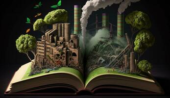 a aberto fantasia livro ilustração em a oposto lado do a velho industrial Projeto poluente com verde poder e seguro terra. ai generativo. foto