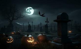 dia das Bruxas abóbora dentro cemitério com cheio lua noite, com espaço para texto. generativo ai. foto