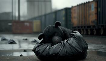 uma Urso dentro uma terno deitado Próximo para uma pilha do lixo dentro a chuva, conceito do salvando a mundo. generativo ai. foto