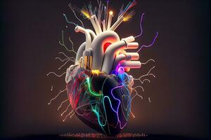 humano coração, digital tecnologia dentro medicina,3d ilustração em colorida fundo. generativo ai. foto