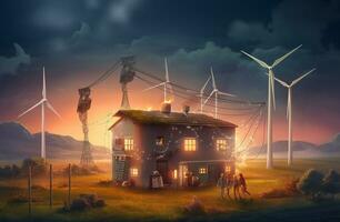 ilustração do contemporâneo eletricidade. vento gerador, limpar \ limpo renovável energia, panorama com moinhos de vento. generativo ai. foto