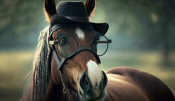 uma branco-marrom cavalo em pé legal vestindo óculos e uma chapéu. generativo ai. foto