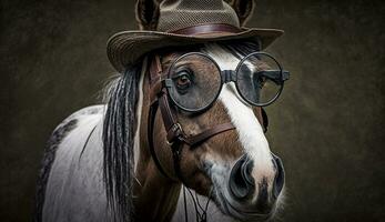 uma branco-marrom cavalo em pé legal vestindo óculos e uma chapéu. generativo ai. foto