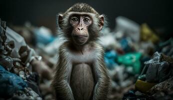 uma macaco em pé entre a pilhas do plástico com olhando para Comida e alojamento, conceito do salvando a mundo. generativo ai. foto