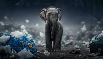 a elefante carrinhos entre a pilhas do plástico desperdício olhando para Comida e abrigo, conceito do salvando a mundo. generativo ai. foto