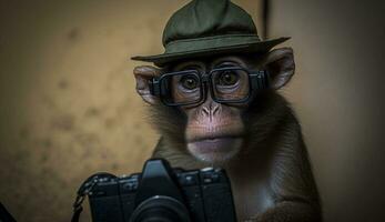 macaco vestindo óculos segurando uma Câmera poses para uma foto, foto