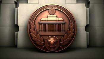 bronze medalha ícone colocada em uma avermelhado cinzento central banco. generativo ai. foto