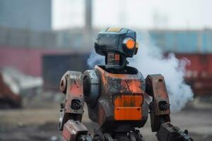 uma robô com uma destruído cidade depois de a fim do a mundo. ai generativo. foto