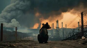 Urso carrinhos assistindo uma petroquímico refinaria às nascer do sol. generativo ai. foto