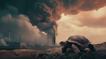 tartaruga em pé olhando às tóxico vapores a partir de uma petroquímico refinaria às nascer do sol. generativo ai. foto