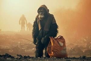 macaco em pé assistindo produtos químicos a partir de fábrica às nascer do sol. generativo ai. foto