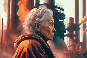 ilustração do uma velho mulher em pé olhando às tóxico vapores a partir de uma petroquímico refinaria às nascer do sol. generativo ai. foto
