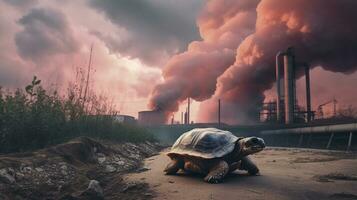 tartaruga carrinhos assistindo uma petroquímico refinaria às nascer do sol. generativo ai. foto