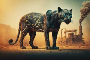 jaguar pantera em pé dentro frente tóxico massa a partir de uma química. generativo ai. foto