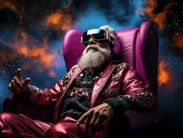 a idosos homem vestindo uma virtual realidade fone de ouvido é sentado em uma sofá. futuro tecnologia e entretenimento vr digital. ai generativo. foto