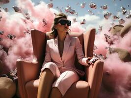mulher vestindo virtual realidade fone de ouvido ela é sentado em a sofá futuro tecnologia e entretenimento vr digital. ai generativo. foto
