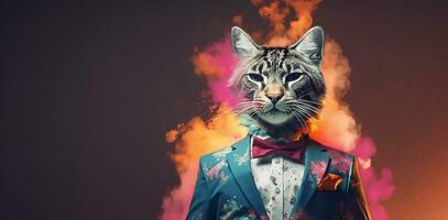 frente Visão do uma gato vestindo uma terno em pé animado explodido. ai generativo. foto