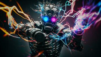 explodindo ai metaverso robô com digital arte estilo. elétrico homem Super heroi usa mal forças. foto