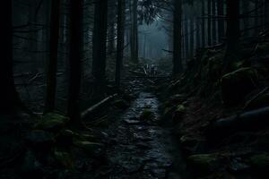 ai generativo assustador viagem através uma assombrada floresta foto