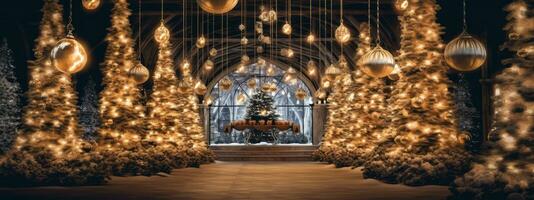 uma cativante floresta do belas decorado Natal árvores, adornado com cintilante luzes e cintilante enfeites, criando uma mágico ambiente. generativo ai foto