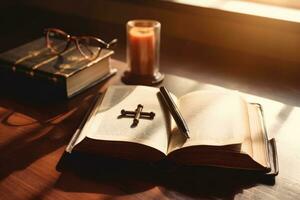 piedosos Bíblia e cristão Cruz. símbolo do humildade, súplica, acredite e fé para cristão pessoas . generativo ai foto
