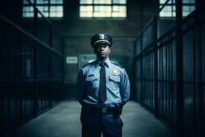 a imagem apresentando uma correcional Policial dentro uniforme, patrulhando ou interagindo com presidiários, destacando seus Função dentro mantendo ordem e segurança dentro a prisão. generativo ai foto