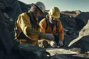 geólogos examinando Rocha amostras ou usando especializado equipamento para analisar a geológico composição do uma mineração site, enfatizando a científico aspecto do mineração. generativo ai foto