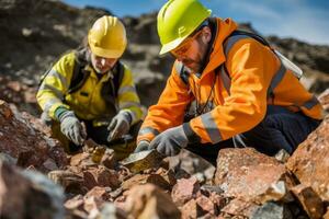 geólogos examinando Rocha amostras ou usando especializado equipamento para analisar a geológico composição do uma mineração site, enfatizando a científico aspecto do mineração. generativo ai foto