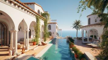 elegante estilo espanhol villa com uma privado caminho conduzindo diretamente para a arenoso margens, ostentação lindo terraços, colorida azulejos, e uma imaculado infinidade piscina. generativo ai foto