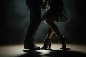 concentrando em a pés do uma casal dançando, destacando seus sincronizado movimentos e a conexão entre música e dança. generativo ai foto