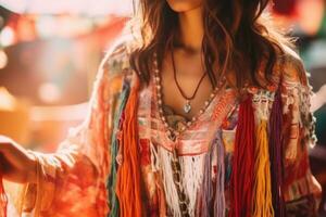 uma fechar-se tiro do uma à moda Individual vestindo vintage hippie moda, apresentando fluindo tecidos, franja, e vibrante cores. generativo ai foto