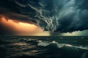 a imagem representando escuro, ameaçador nuvens encontro sobre uma tormentoso oceano, indicando a iminente chegada do uma furacão. generativo ai foto