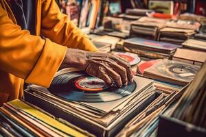 uma tiro do uma pessoa lançando através uma coleção do vinil registros a partir de a década de 1960, exibindo a música e cultural influências do a era. generativo ai foto