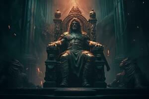 a imagem exibindo bárbaro sentado em uma majestoso trono, simbolizando dele subir para poder e dele destino Como uma conquistador. generativo ai foto