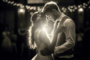 casal partilha a íntimo momento durante seus primeiro dança em uma vagamente aceso dança chão, capturando a romance e vulnerabilidade. generativo ai foto