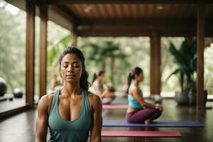 uma sereno ginástica praticando atenção e relaxamento durante uma bem estar retiro, enfatizando holístico bem-estar. generativo ai foto