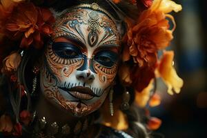 uma fechar-se tiro do uma belas pintado face vestindo tradicional dia de los muertos inventar, exibindo a intrincado desenhos e vibrante cores este simbolizar a feriados espírito. generativo ai foto