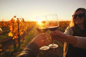 uma Sol encharcado Vinhedo, uma diverso grupo do indivíduos reúne para apreciar uma vagaroso tarde do vinho degustação. homem e mulher brindando, agarrando elegante vinho óculos. generativo ai foto