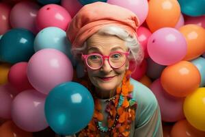 Senior hipster senhora, cercado de vibrante, balões dentro vários cores. generativo ai foto