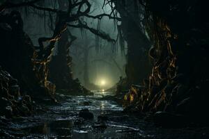 ilustração do uma enevoado floresta caminho com nodoso árvores e brilhando olhos encarando a partir de a escuridão, evocando uma coluna vertebral - arrepiante viagem para dentro a desconhecido.generativo ai foto